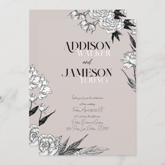 シンプルシックフローラスケッチ結婚ミニマリスト 招待状 (正面/裏面)