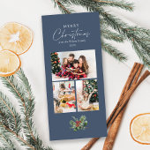 シンプルシックブルー3フォトコラージクリスマスリーフ シーズンカード