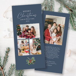 シンプルシックブルー3フォトコラージクリスマスリーフ シーズンカード