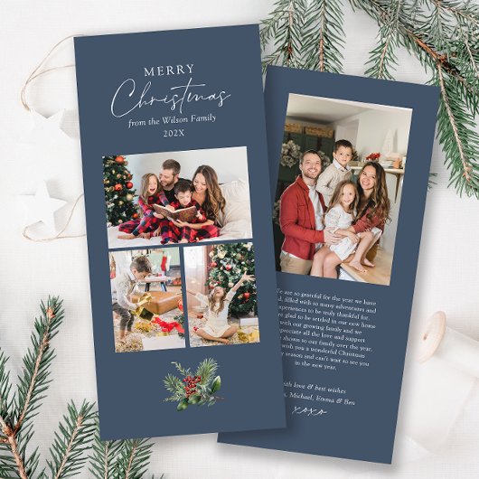 シンプルシックブルー3フォトコラージクリスマスリーフ シーズンカード