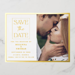 シンプルシック写真日付の結婚金ゴールドを保存 箔招待状ポストカード