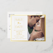 シンプルシック写真日付の結婚金ゴールドを保存 箔招待状ポストカード (正面/裏面)