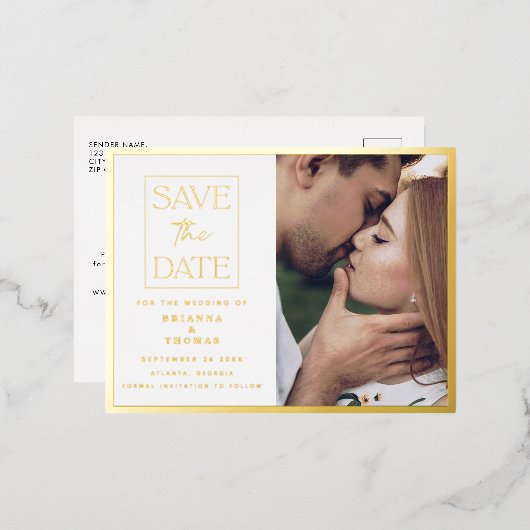 シンプルシック写真日付の結婚金ゴールドを保存 箔招待状ポストカード (正面/裏面)