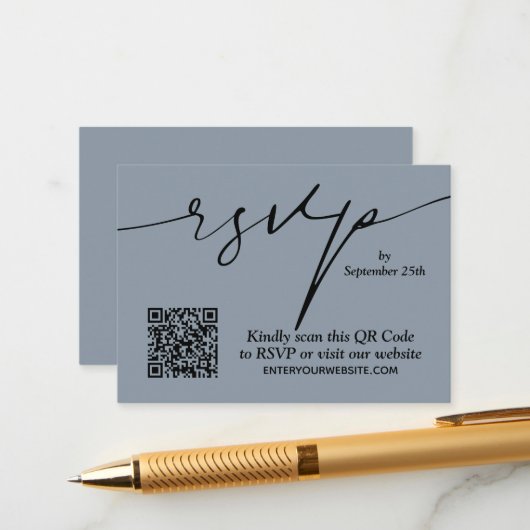 シンプルシック埃っぽいブルーQRコード結婚ズ エンクロージャーカード (正面/裏面インサイチュ)