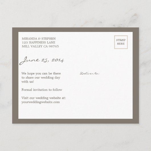 シンプルシック結婚式の日付の写真はがき保存 案内ポストカード (裏面)