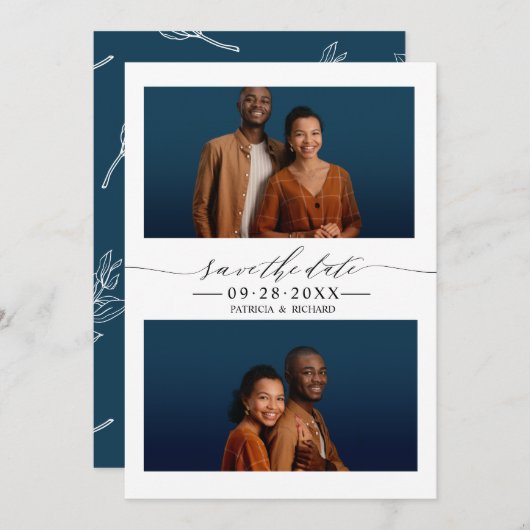 シンプルシック結婚式の日付を保存2フォトコラージュ 招待状 (正面/裏面)