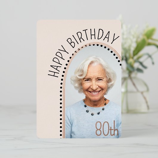 シンプルシック80th誕生日アーチ写真水玉模様 箔招待状 (立ち正面)