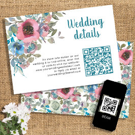 シンプルシック・ブルー&ピンク・ウォーター・カラー・フローラQrコード エンクロージャーカード