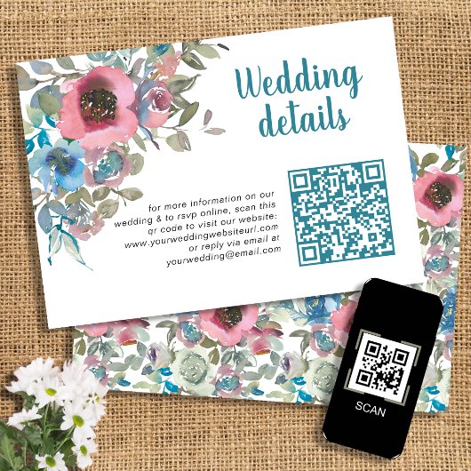 シンプルシック・ブルー&ピンク・ウォーター・カラー・フローラQrコード エンクロージャーカード