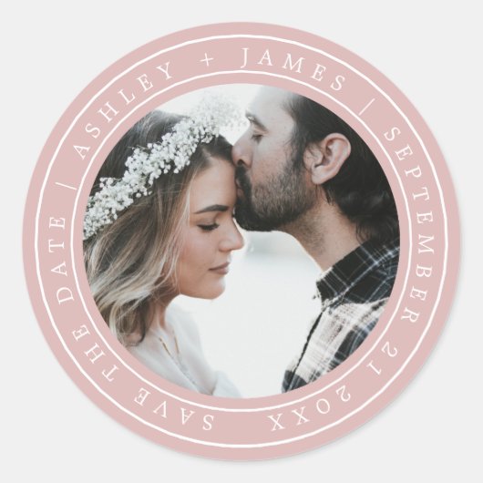 シンプルシックSave the Date 結婚's Photo Pink ラウンドシール (正面)