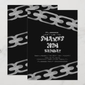 シンプルシルバフェイクーチェーン大人バースデーパーティー 招待状 (正面/裏面)