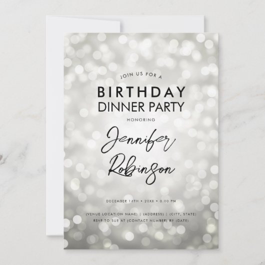 シンプルシルバモダンイルライト誕生日ディナーパーティー 招待状 (正面)