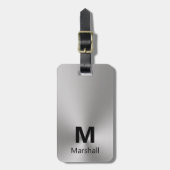 シンプルシルバーとブラックのモノグラム名電話番号 ラゲッジタグ (正面縦)