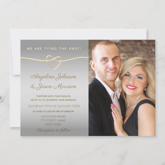 シンプルシルバーと金ゴールドフォト結婚ズ 招待状 (正面)