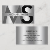 シンプルシルバーオンシルバーモノグラムとネームプレート 名刺 (正面/裏面)