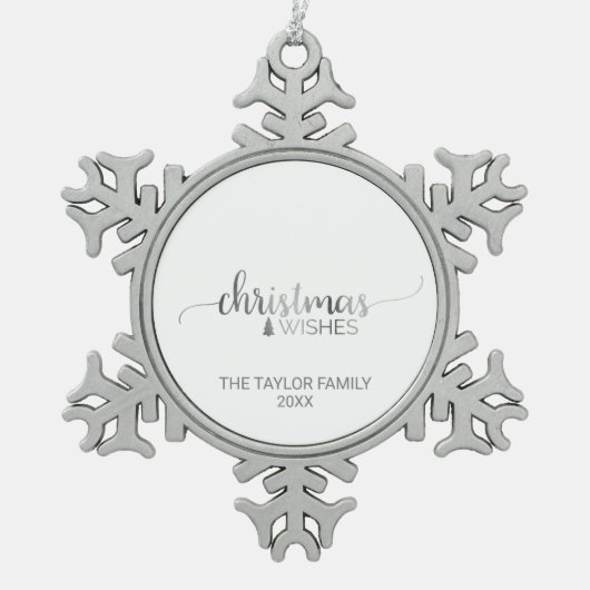 シンプルシルバーカリグラフィーホリデイ スノーフレークピューターオーナメント (正面)