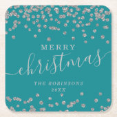 シンプルシルバークリスマスホリデーズグリッターティール（緑がかった色） スクエアペーパーコースター