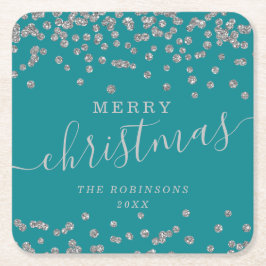 シンプルシルバークリスマスホリデーズグリッターティール（緑がかった色） スクエアペーパーコースター