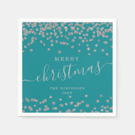 シンプルシルバークリスマスホリデーズグリッターティール（緑がかった色） スタンダードカクテルナプキン