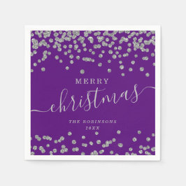 シンプルシルバークリスマスホリデーズグリッターパープル スタンダードカクテルナプキン
