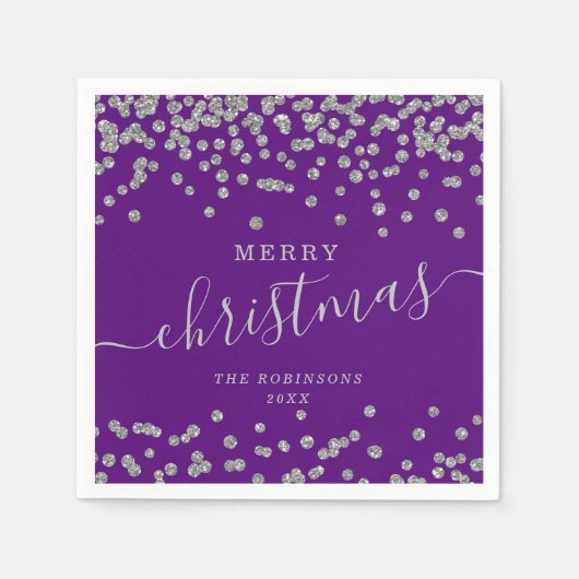 シンプルシルバークリスマスホリデーズグリッターパープル スタンダードカクテルナプキン (正面)
