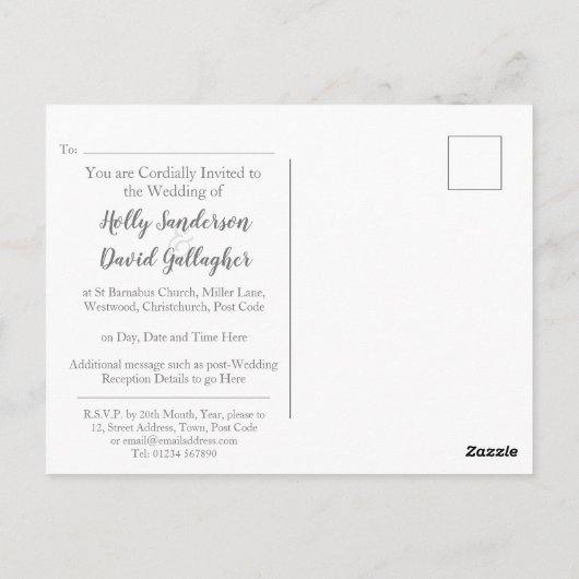 シンプルシルバーグレイ&ホワイト結婚式招待状 ポストカード (裏面)