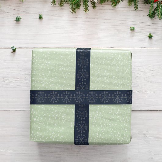 シンプルシルバーネイビーブルーウィンタースノーフレークパターン サテンリボン