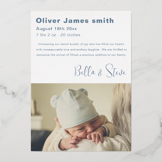 シンプルシルバーフォイル少年フォトベビー発表 箔招待状 (裏面)