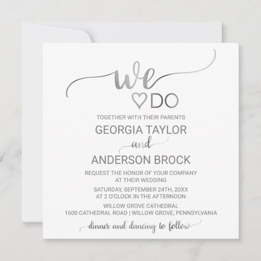 シンプルシルバー書道「我々は」スクエア結婚 招待状 (正面)