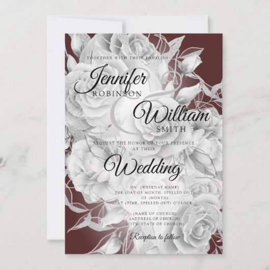 シンプルシルバー&バエレガントルガンディ結婚フローラ 招待状 (正面)