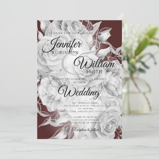 シンプルシルバー&バエレガントルガンディ結婚フローラ 招待状 (スタンド正面)