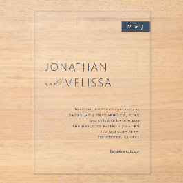 シンプルシンネイビーブルータイポグラフィモノグラム結婚ズ アクリル招待状