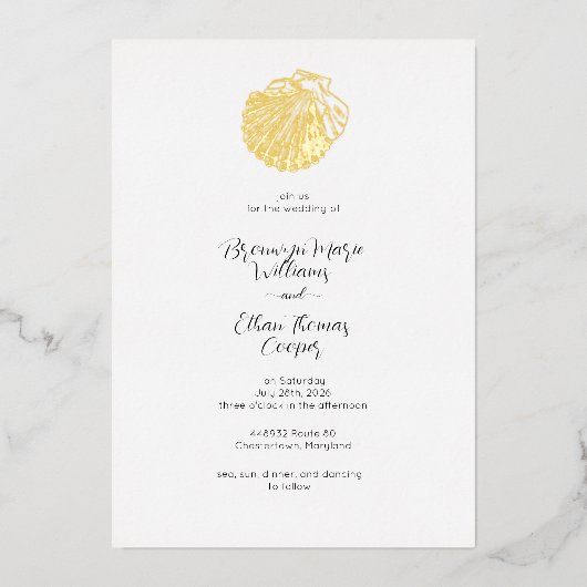 シンプルシーシェルと水彩魚鱗 箔招待状 (正面)