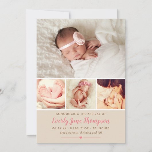 シンプルスイートピンクベビーガールフォトコラージュ誕生 案内状 (正面)