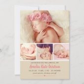 シンプルスイートピンクベビーガールフォトコラージュ誕生 案内状 (正面)