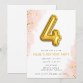 シンプルスイートピンク4thバースデーバルーンパーティー 招待状 (正面/裏面)