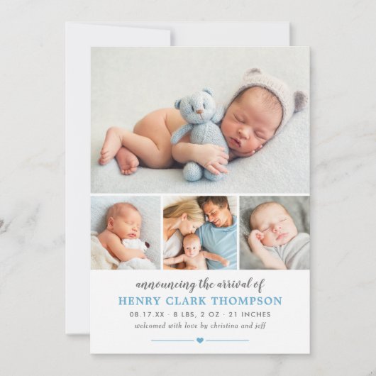 シンプルスイートブルー男の赤ちゃんフォトコラージュ誕生 案内状 (正面)