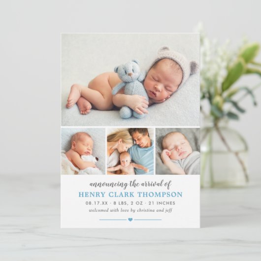 シンプルスイートブルー男の赤ちゃんフォトコラージュ誕生 案内状 (スタンド正面)