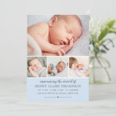 シンプルスイートブルー男の赤ちゃんフォトコラージュ誕生 案内状 (スタンド正面)