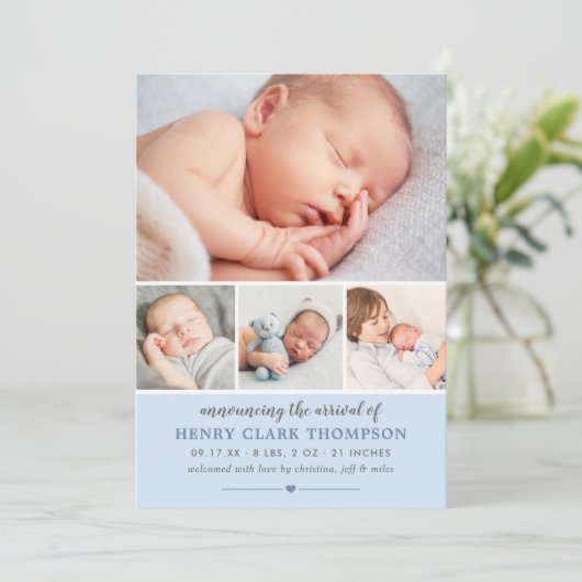 シンプルスイートブルー男の赤ちゃんフォトコラージュ誕生 案内状 (スタンド正面)