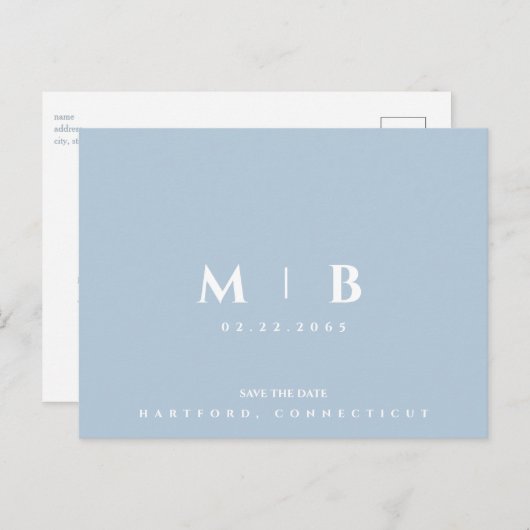 シンプルスカイブルーモノグラム結婚式の日付を保存 ポストカード (正面/裏面)