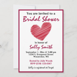 シンプルスキッチー赤いハートブライダルシャワー 招待状