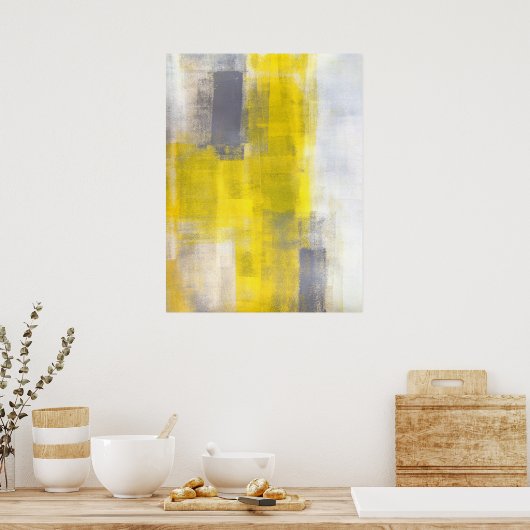 'シンプルスクエア'グレーとイエロー抽象芸術アート ポスター (キッチン)