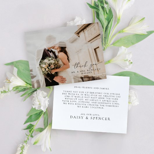 シンプルスクリプトと写真結婚のフラット サンキューカード