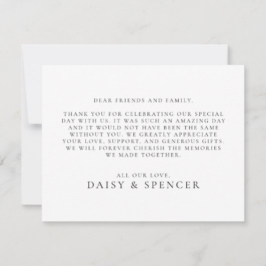 シンプルスクリプトと写真結婚のフラット サンキューカード (裏面)