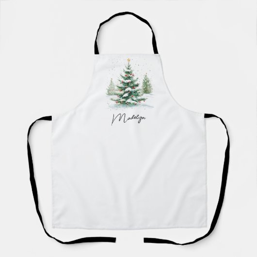 シンプルスクリプトの水彩クリスマスツリー エプロン (正面)