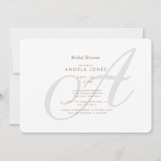 シンプルスクリプトイニシャルモダンブライダルシャワー 招待状 (正面)