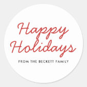 シンプルスクリプトハッピーホリデイズレッドタイポグラフィ ラウンドシール (正面)