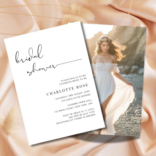 シンプルスクリプトブライダルシャワー素朴ビーチ写真 招待状