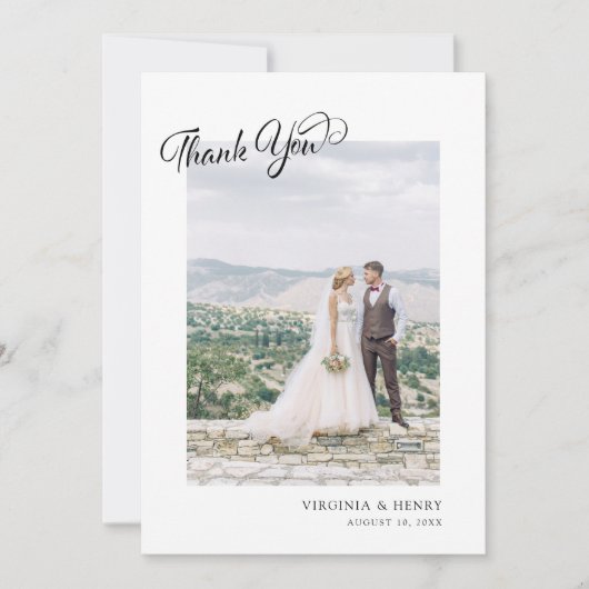 シンプルスクリプト写真の結婚式 サンキューカード (正面)